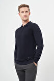 Koyu Lacivert Uzun Kol Kendinden Desenli Örme Polo Yaka Classic Comfort Fit Triko 1012245156