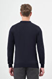 Koyu Lacivert Uzun Kol Kendinden Desenli Örme Polo Yaka Classic Comfort Fit Triko 1012245156