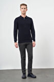 Koyu Lacivert Uzun Kol Kendinden Desenli Örme Polo Yaka Classic Comfort Fit Triko 1012245156