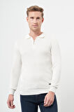 Beyaz Uzun Kol Kendinden Desenli Örme Polo Yaka Classic Comfort Fit Triko 1012245156