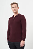 Bordo Uzun Kol Kendinden Desenli Örme Polo Yaka Classic Comfort Fit Triko 1012245156