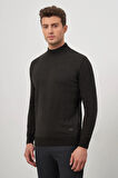 Siyah Uzun Kol Kendinden Desenli Örme Yarım Balıkçı Yaka Classic Comfort Fit Triko 1012245159