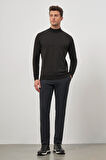 Siyah Uzun Kol Kendinden Desenli Örme Yarım Balıkçı Yaka Classic Comfort Fit Triko 1012245159