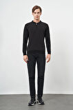 Siyah Uzun Kol Kendinden Desenli Örme Polo Yaka Classic Comfort Fit Triko 1012245160