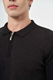 Siyah Uzun Kol Kendinden Desenli Örme Polo Yaka Classic Comfort Fit Triko 1012245160