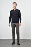 Koyu Lacivert Uzun Kol Kendinden Desenli Örme Polo Yaka Classic Comfort Fit Triko 1012245160
