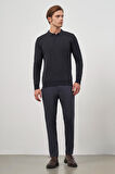 Koyu Lacivert Uzun Kol Kendinden Desenli Örme Polo Yaka Classic Comfort Fit Triko 1012245162