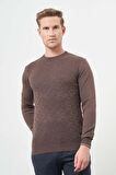 Sütlü Kahverengi Uzun Kol Kendinden Desenli Örme Bisiklet Yaka Classic Slim Fit Triko 1012245200