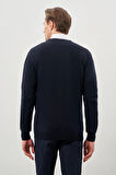 Koyu Lacivert Uzun Kol Örme V Yaka Comfort Fit Rahat Kesim Klasik Triko