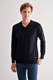 Koyu Lacivert V Yaka Uzun Kol Cepsiz Comfort Fit Classic Yünlü Triko Kazak 1012255002
