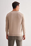 Açık Bej V Yaka Uzun Kol Cepsiz Comfort Fit Classic Yünlü Triko Kazak 1012255002