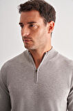Gri Fermuarlı Dik Yaka Uzun Kol Cepsiz Comfort Fit Classic Pamuklu Triko Kazak 1012255201