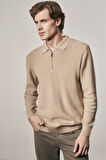 Koyu Bej Fermuarlı Polo Yaka Uzun Kol Cepsiz Comfort Fit Casual Pamuklu Triko Kazak 1012255202