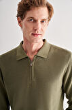 Açık Yeşil Fermuarlı Polo Yaka Uzun Kol Cepsiz Comfort Fit Casual Pamuklu Triko Kazak 1012255202