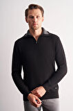 Siyah Fermuarlı Yarım Balıkçı Uzun Kol Cepsiz Comfort Fit Casual Pamuklu Triko Kazak 1012255204