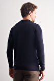 Koyu Lacivert Bisiklet Yaka Uzun Kol Cepsiz Comfort Fit Pamuklu Triko Kazak 1012255220