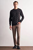 Siyah Bisiklet Yaka Uzun Kol Cepsiz Comfort Fit Pamuklu Triko Kazak 1012255221