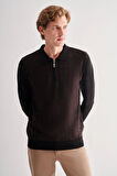 Siyah Fermuarlı Polo Yaka Uzun Kol Cepsiz Comfort Fit Pamuklu Triko Kazak 1012255223