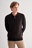 Siyah Fermuarlı Polo Yaka Uzun Kol Cepsiz Comfort Fit Pamuklu Triko Kazak 1012255223