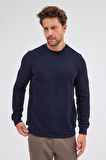 Lacivert Uzun Kol Bisiklet Yaka Düz Pamuklu Comfort Fit Sweatshirt 1013255150