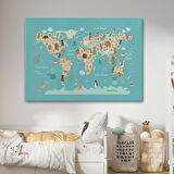 Harita Sepeti Hayvanlar Alemi Çocuk Odası Dünya Haritası Kanvas Tablo 1013