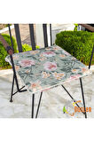 40x40 Çiçek Desenli Mint Yeşil Saten Fermuarlı Bağcıklı Krem Biyeli Sandalye Minderi 4 cm