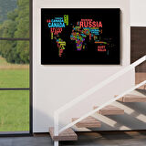 Harita Sepeti Siyah Zeminli Ülke İsimli Dünya Haritası Kanvas Tablo 1015