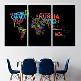 Harita Sepeti Siyah Zeminli Ülke İsimli Dünya Haritası Kanvas Tablo 1015