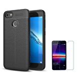 Smcase Huawei P9 Lite Mini Deri Dokulu Silikon Kılıf  Cam Ekran Koruyucu