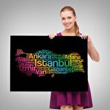 Harita Sepeti İller İsimli Siyah Zeminli Dekoratif Kanvas Tablo 1016