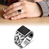 Zincir Tasarım Siyah Oniks Taşlı 925 Ayar Gümüş Erkek Yüzük