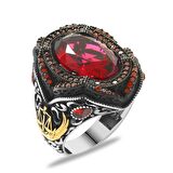 Kırmızı Zirkon Taşlı Adalet Temalı 925 Ayar Gümüş Erkek Yüzük