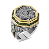 Üzerine Hüsn-i Hat "Ayetel Kürsi" Yazılı Zirkon Taş Süslemeli Hançer Detaylı 925 Ayar Gümüş Erkek Yüzük