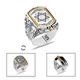 Çift Taraflı Ayyıldız&"Mühr-i Süleyman" İşlemeli 925 Ayar Gümüş Erkek Yüzük