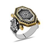 Siyah Zirkon Taş Mıhlamalı "Mühr-i Süleyman" İşlemeli Sekizgen Tasarım 925 Ayar Gümüş Erkek Yüzük