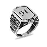 Siyah Oniks Taşlı Çift Taraflı Kişiye Özel İsim Harf Yazılı 925 Ayar Gümüş Erkek Yüzük