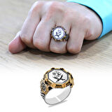 Sekizgen Tasarım Zülfikar Süslemeli Kenarları Selçuklu Deseni İşlemeli Arapça Ali Yazılı 925 Ayar Gümüş Erkek Yüzük