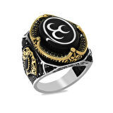 Erzurum Oltu Taşı Üzerine Üç Hilal İşlemeli Kenarları Mikro Zirkon Taş Mıhlamalı Oval Tasarım Koleksiyonluk 925 Ayar Gümüş Erkek Yüzük