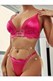  Hot Life Şık ve Seksi Kadın Fantazi Zincirli Fuşya Saten Takımı 8413