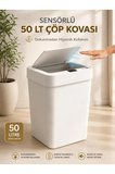 50 LT Sensörlü Akıllı Çöp Kovası Dokunmadan Açılan Otomatik Kapaklı Pilli Hijyenik Çöp Kutusu Beyaz