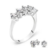 Chavin 1 Carat Beştaş 5 Taş Gümüş Yüzük ve Küpe dh12