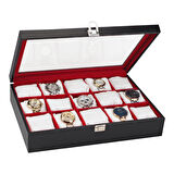 Chavin 15li Siyah Deri Lüx Seri Ahşap Camlı Saat Kutusu st15-49