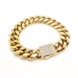 Chavin 14 mm. 22cm Kalın Taşlı Gold Çelik Erkek Bileklik ep17sr