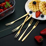 304 Çelik 6 Adet Gold 13 cm İki Dişli  Meyve Tatlı Ve Kek Çatalı cin567sr-6