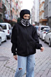 Samuray Kapşonlu ZIP Fermuarlı Çift Kapşonlu Nakışlı SweatShirt- Siyah