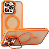 İPHONE 12 UYUMLU MAT LENSLİ STANDLI MAGSAFE KILIF TURUNCU