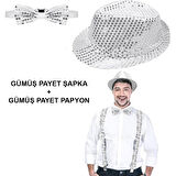 Gümüş Payetli Şapka ve Papyon Seti – Parıltılı Yetişkin Kostüm Seti