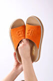 Kadın Hakiki Süet Deri Turuncu Renk Eva Taban Ortopedik Günlük Terlik