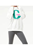 Kadın Sıfır Yaka Baskılı Oversize Sweatshirt