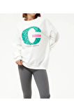 Kadın Sıfır Yaka Baskılı Oversize Sweatshirt